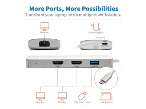 Eaton Tripp Lite Series USB C Docking Station w/ USB-A Hub, 2x HDMI, VGA, PD Charging 1080p @ 60 Hz, Silver USB Type C, USB-C, USB Type-C Thunderbolt 3 Compatible - miniature 2