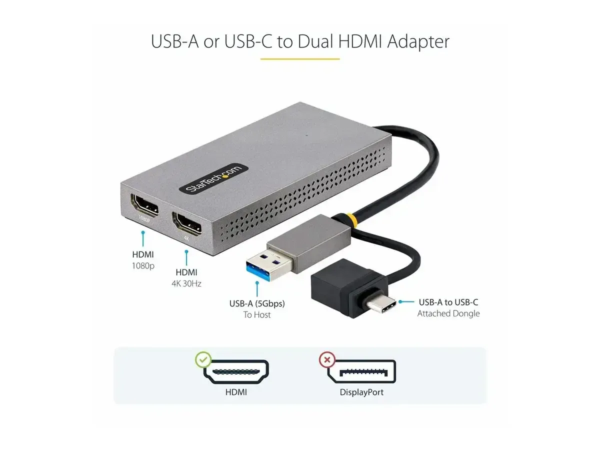 StarTech .com Adaptateur USB vers Double HDMI, USB A/C, 1x4K30Hz/1x1080p