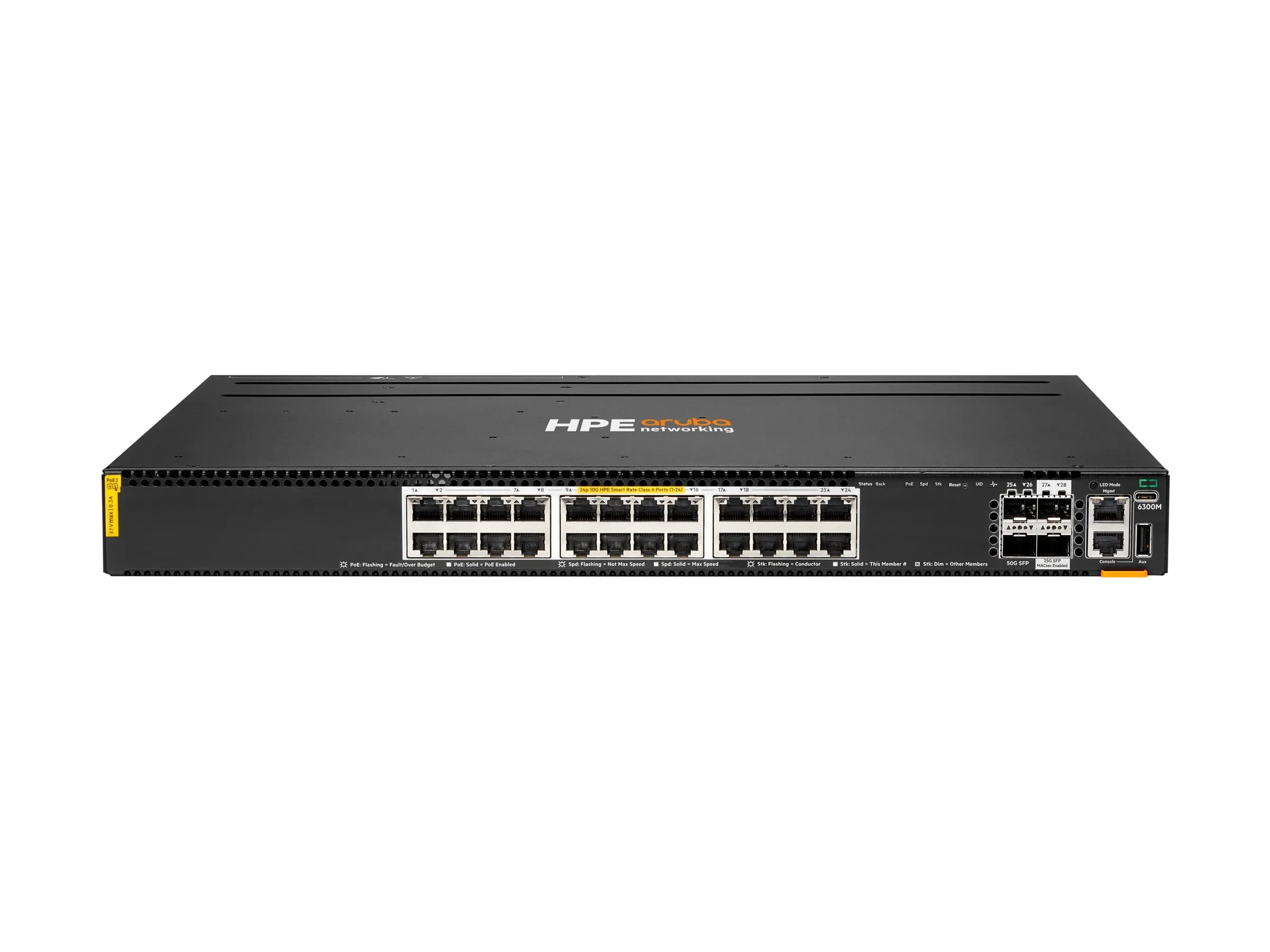 HPE Aruba Networking CX 6300M 24p Smart Rate 1G/2.5G/5G/10G Class6 PoE 2p 50G 2p 25G Switch