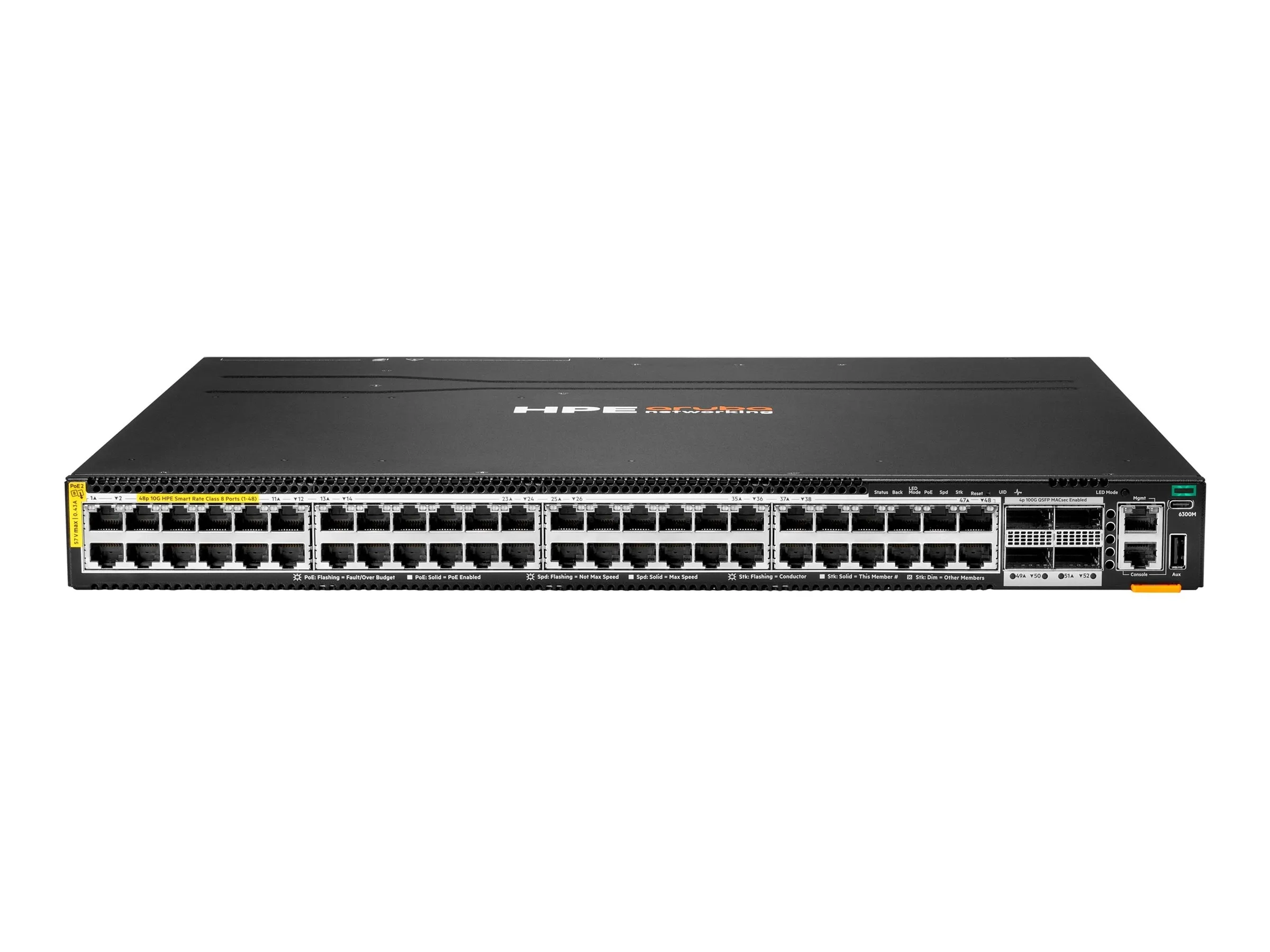 HPE Aruba Networking CX 6300M 48p SR10 1G/2.5G/5G/10G PTP/AVB Class8 PoE 4p 100G MACsec Switch
