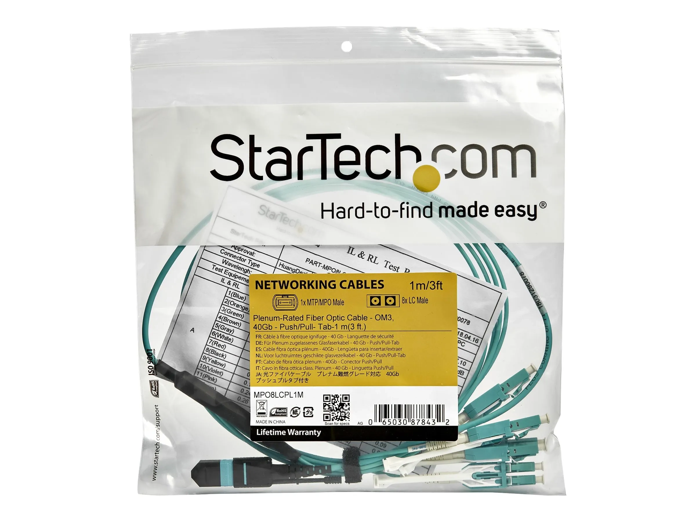 StarTech.com Câble Fibre Optique Multimode OM3 de 1m MTP(F) vers 4x LC