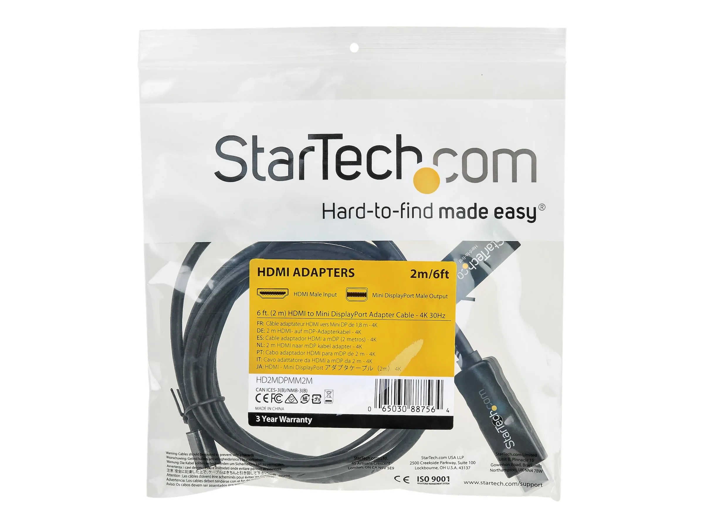 StarTech.com 6ft (2m) HDMI to Mini DisplayPort Cable 4K 30Hz, Active HDMI to mDP Adapter Converter Cable with Audio, USB Powered, Mac & Windows, HDMI Male to mDP Male Video Adapter Cable
